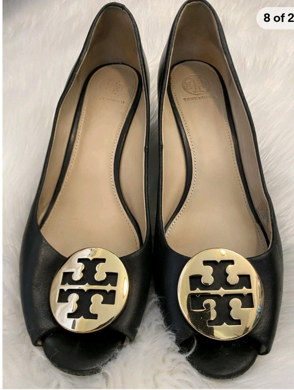 Tory Burch Black Leather Peep-Toe Flats with Gold Logo - Picture 5 of 12
